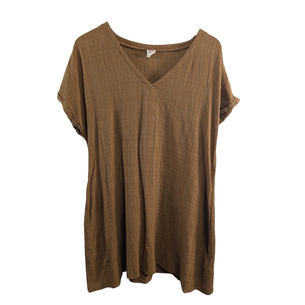 I Joah premium WomensTextured V Neck Dress sz L Short Sleeve Mini Minimalist